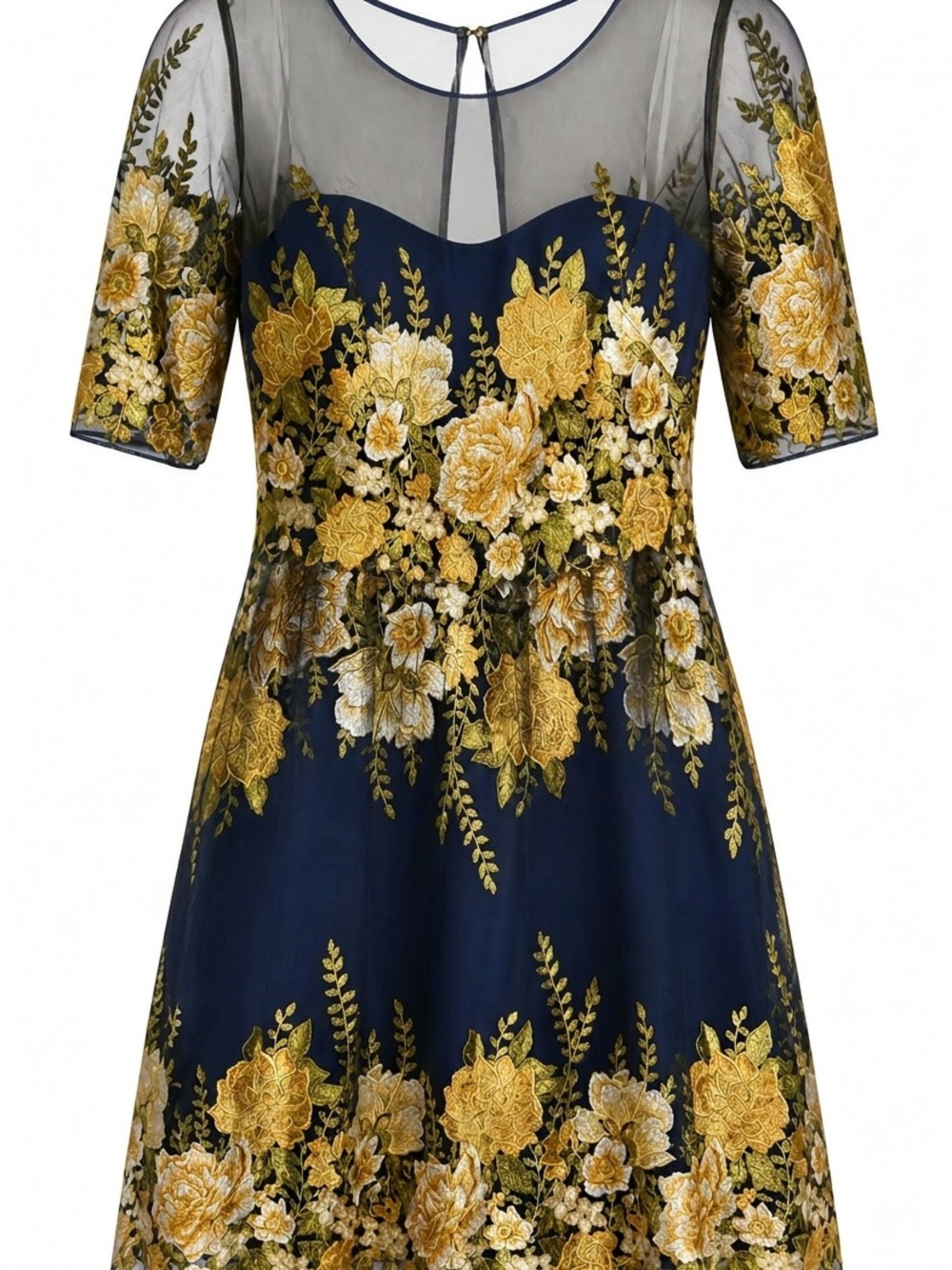 Marchesa Navy Midi Dress with Gold Floral Embroidery